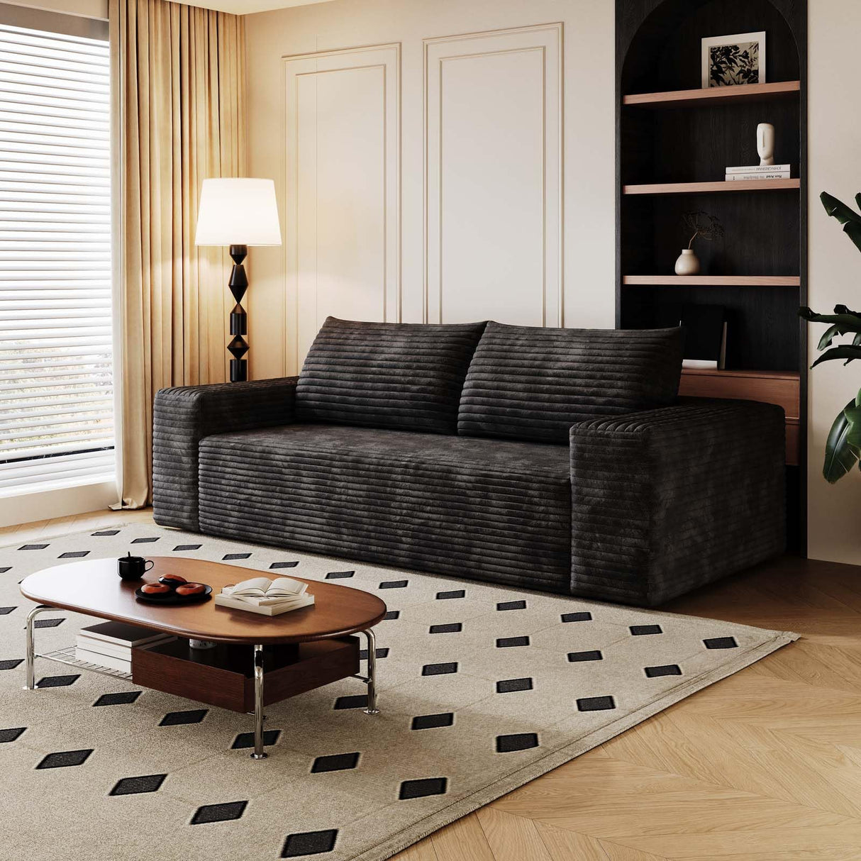 63" Cloud Loveseat Sofa, Modern Corduroy Boneless Couch with Deep Seat Memory Foam, Comfy 2 Seater Foam Floor Couches for Living Room Bedroom Apartment, No Assembly Required (Black, 63"+2 Seaters) YskdhfczQ