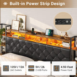 Hasuit King Size Farmhouse Bed Frame with LED Lights, Charging Station, and Bookcase Headboard Hasuit