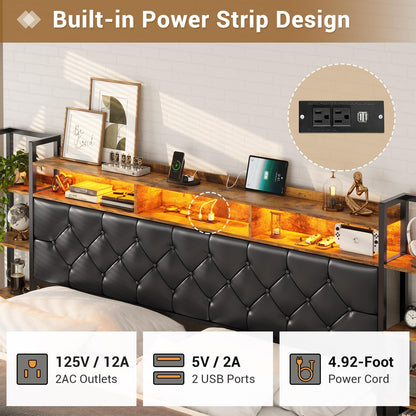 Hasuit King Size Farmhouse Bed Frame with LED Lights, Charging Station, and Bookcase Headboard - WoodArtSupply