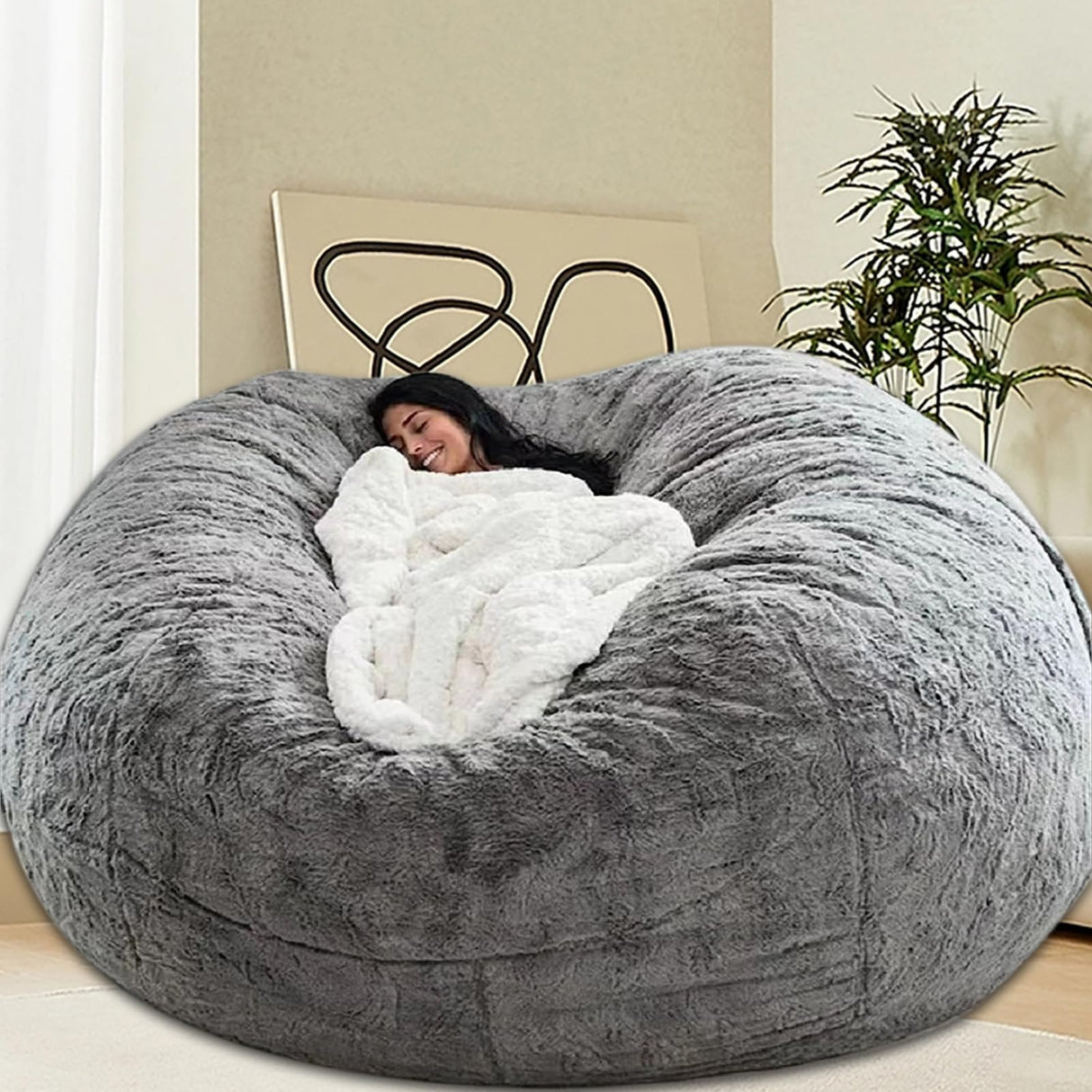 HDMLDP Bean Bag Chair for Adults Kids Without Filling Comfy Fluffy Giant Round Beanbag Lazy Sofa Cover for Reading Chair Floor Chair, 6FT, Grey HDMLDP