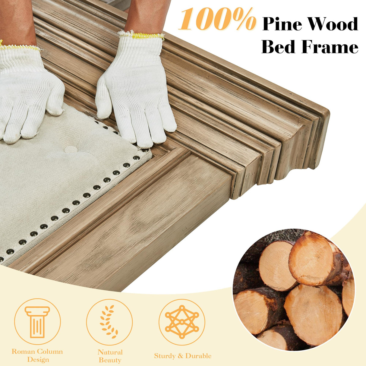 LUXOAK Solid Pine Wood King Bed Frame with 69" High Upholstered Headboard, Transitional Style Platform Bed, No Box Spring Needed & Easy Assembly, Button-Tufted Chenille Fabric, Antique Taupe LUXOAK