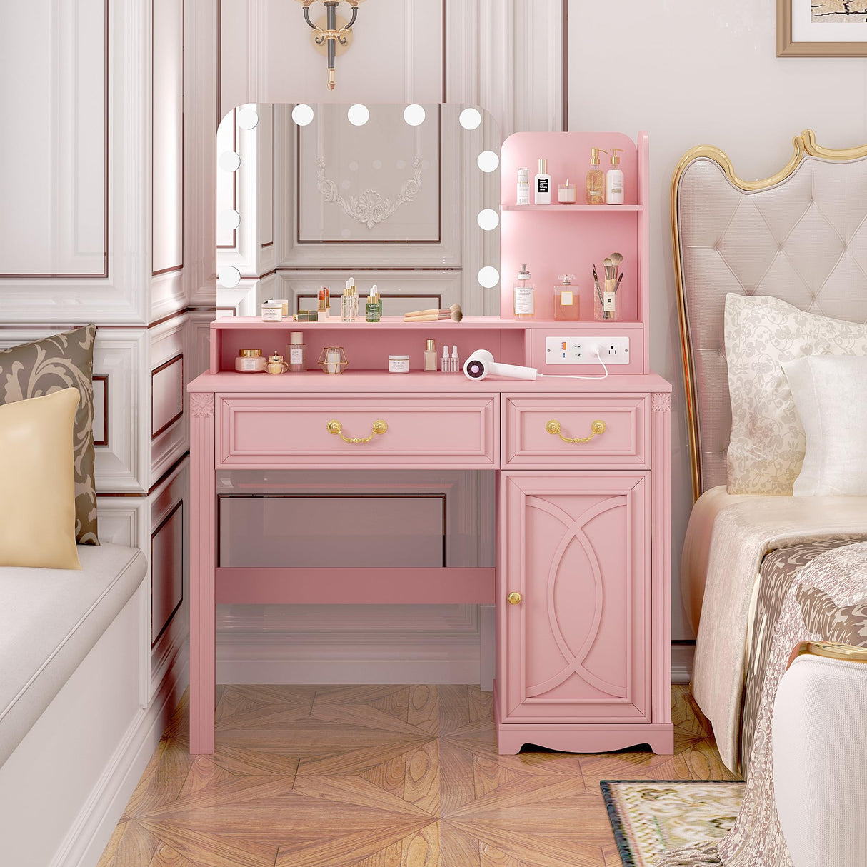 Lareth Makeup Vanity Desk with Lighted Mirror, 39.4 inch Small Vanity Table with Power Outlet, Bedroom Dressing Table, Adjustable Lights & 1 Cabinet 2 Drawers, Gifts for Teen Girls, Light Pink Lareth