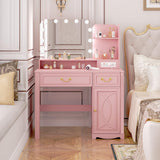 Lareth Makeup Vanity Desk with Lighted Mirror, 39.4 inch Small Vanity Table with Power Outlet, Bedroom Dressing Table, Adjustable Lights & 1 Cabinet 2 Drawers, Gifts for Teen Girls, Light Pink Lareth
