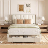 viplov Queen Bed Frame with Storage Drawers, Upholstered Platform Bed with Headboard and Wingboard, No Box Spring Needed, Noise Free, Easy Assembly, Wooden Support Slats, Beige viplov