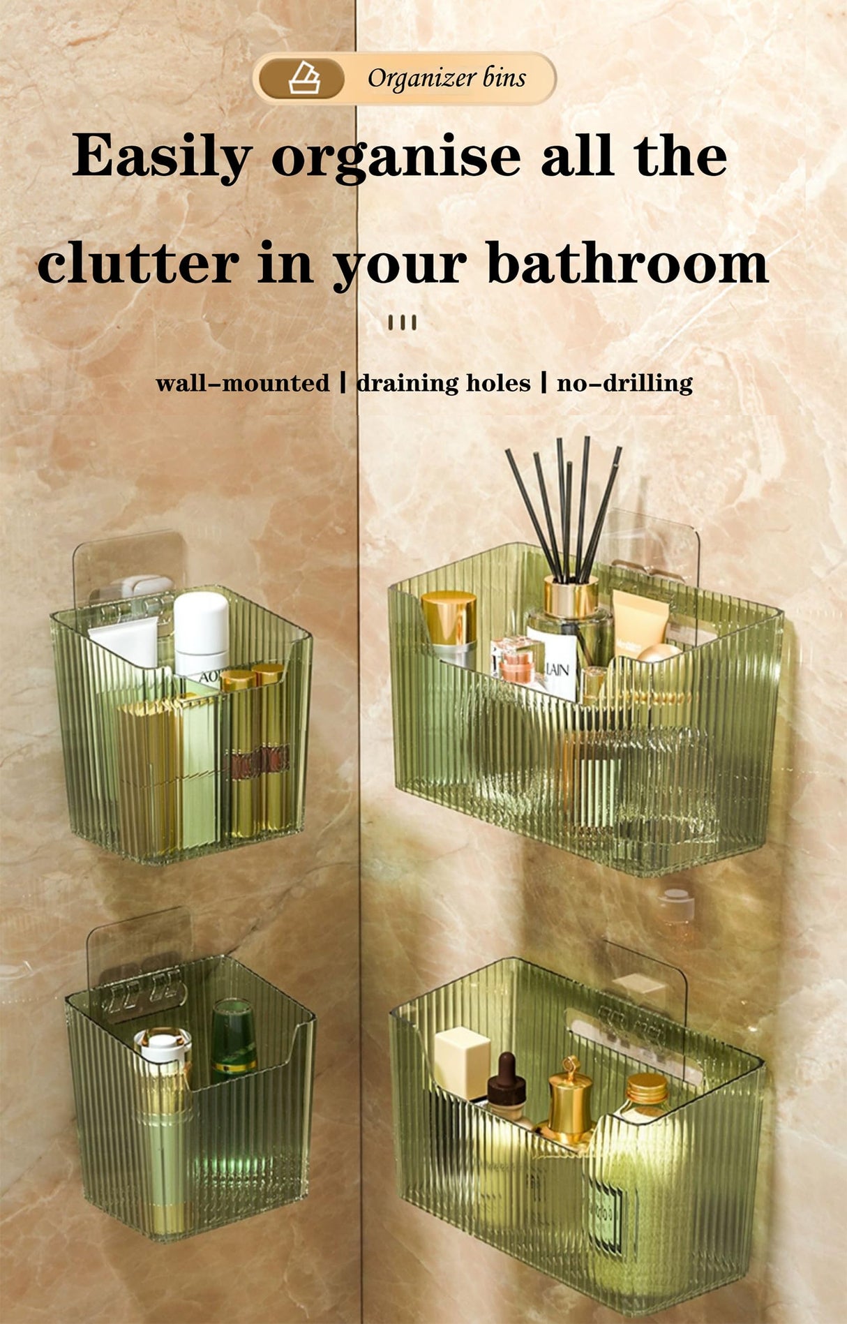 Set Of 2 Storage Organizer Bins Wall Mounted Organizer Basket, Shower Caddy Stackable Clear Plastic Makeup Organizer Adhesive Hanging Bin for Bathroom, Kitchen, Cabinet, Pantry, BPA Free, Large, Clear Lae Nuvole