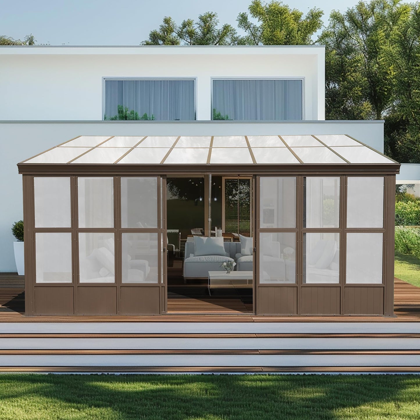 Domi Lean-to Sunroom 12x16FT, Wall Mounted Solarium with Sloping Polycarbonate Roof, Detachable Polycarbonate Screens, 2 Lockable Sliding Doors, Aluminum Gazebo Against Wall Sun Room for Patio Deck