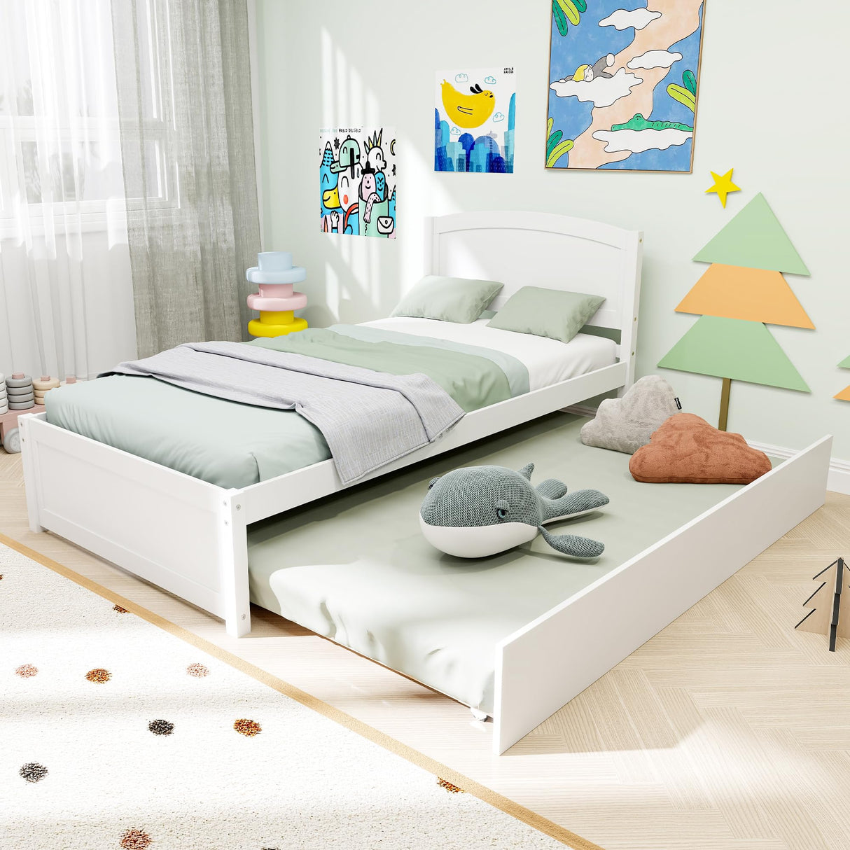 Callales Twin Trundle Bed, Solid Wooden Pull Out Bedframe, Extendable Day Bed with Headboard and Soild Wood Slats Support, Bedroom, Living Room, Guest Room, No Box Spring Needed (White) Callales