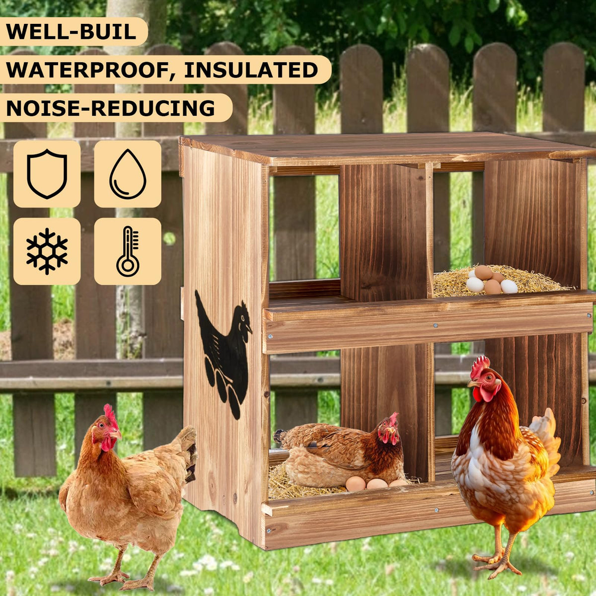 JoneCafe Nesting Boxes for Chickens - Wooden Chicken Nesting Box for Chicken Coop Accessories, Sturdy 4-Compartment Wall Mount Egg Laying Box for Hens, Chickens, and Ducks(Richly Charred) JoneCafe