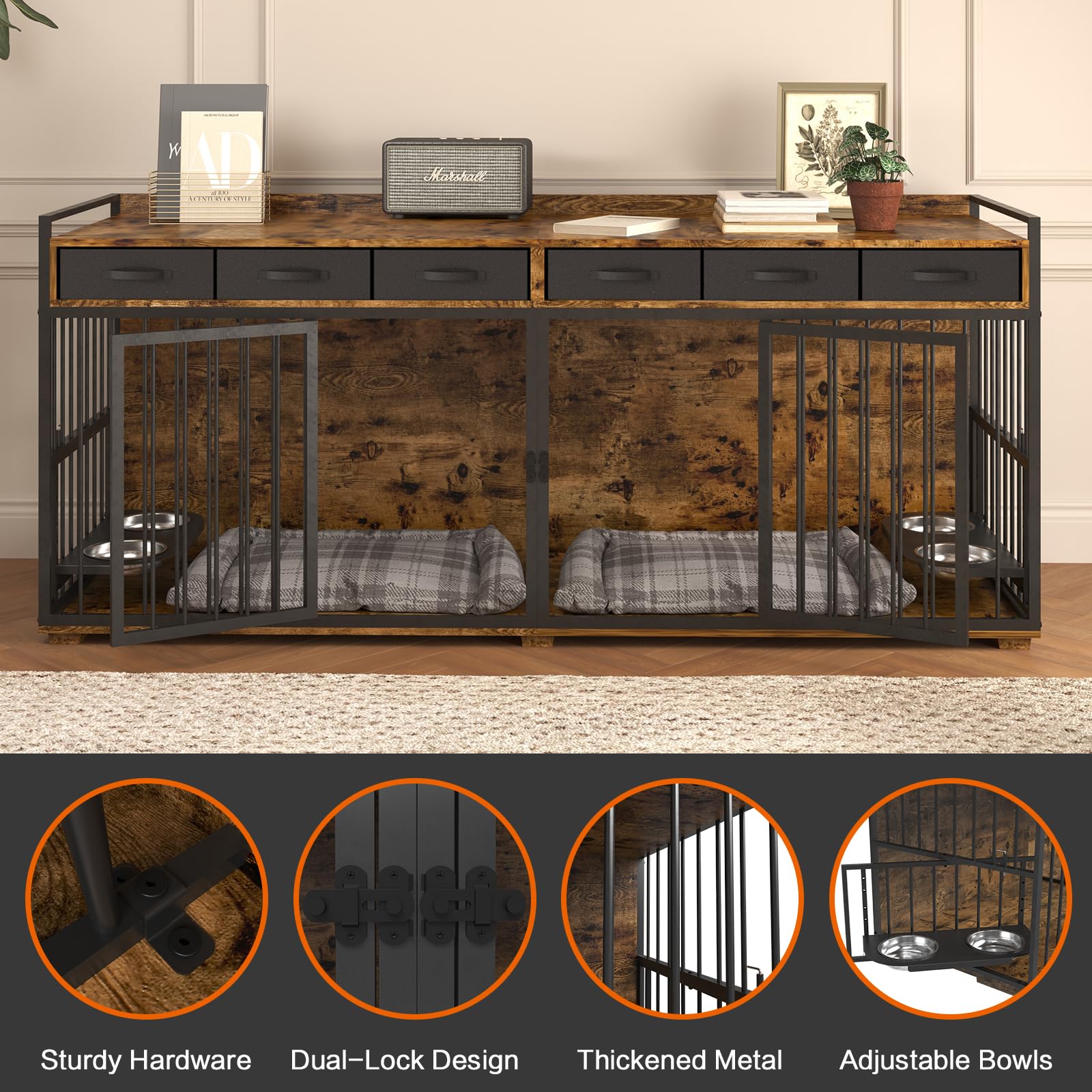 Dog Crate Furniture,86.6 Inch Heavy Duty Metal Frame Double Dog Crate Kennel Cage Furniture with 6 Fabric Storage Drawers,Adjustable Feeder Bowls & Removable Divider - WoodArtSupply