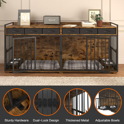 Dog Crate Furniture,86.6 Inch Heavy Duty Metal Frame Double Dog Crate Kennel Cage Furniture with 6 Fabric Storage Drawers,Adjustable Feeder Bowls & Removable Divider - WoodArtSupply