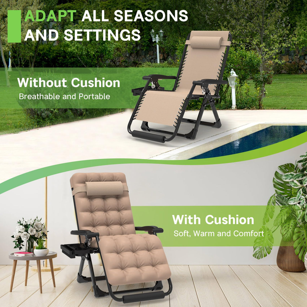 ZENPETIO 29In XL Zero Gravity Chair w/Cushion, Zero Gravity Recliner Lounge Chair for Indoor and Outdoor, Reclining Camping Chair for Lawn, Anti Gravity Chair with Cup Holder and Footrest, 440LBS ZENPETIO