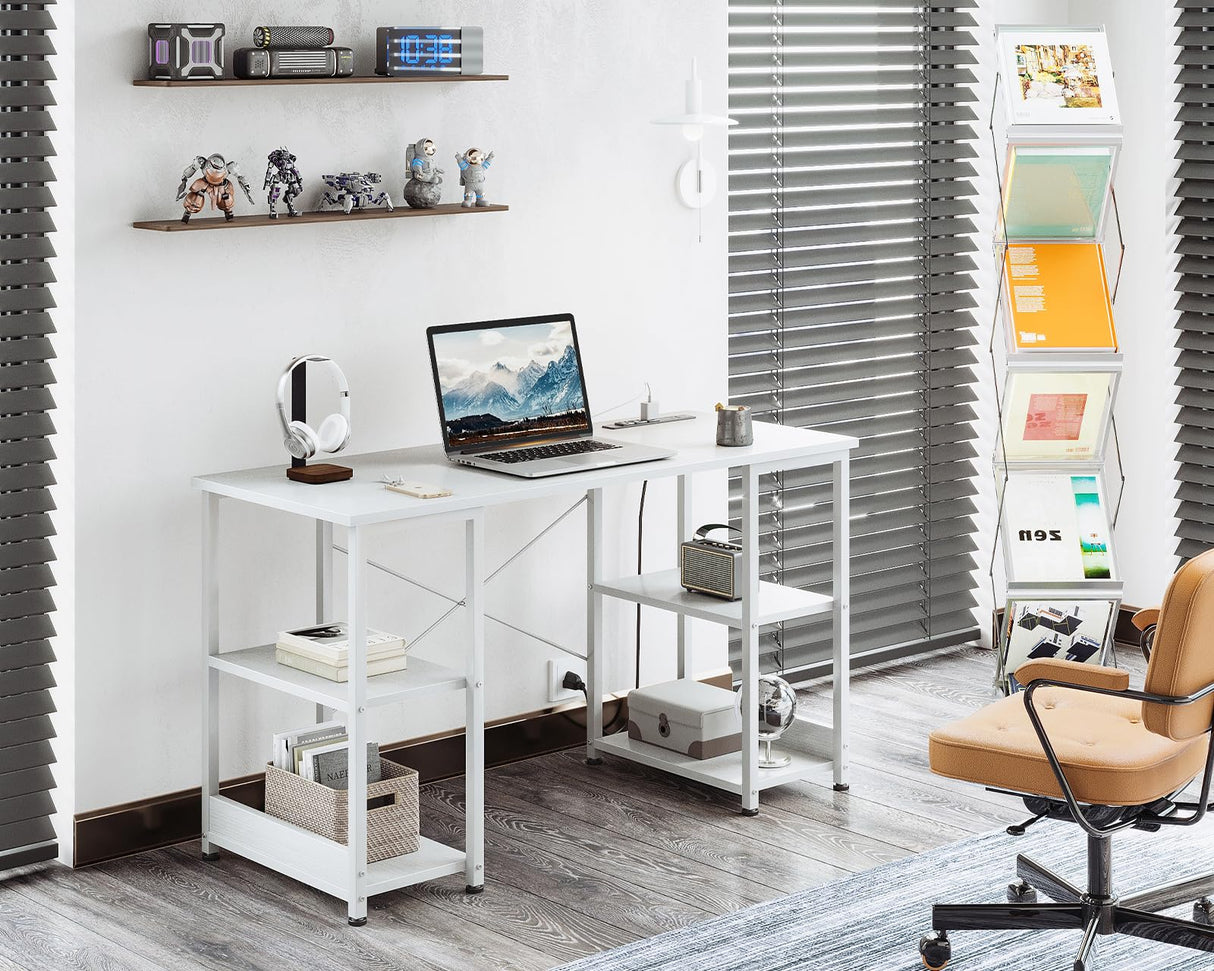 AODK 40 Inch Small Writing Desk with Power Outlets & USB Charging Port, Computer Desk for Small Spaces Home Office, Student Laptop PC Desks with Storage Shelves, Kids Desk, White AODK