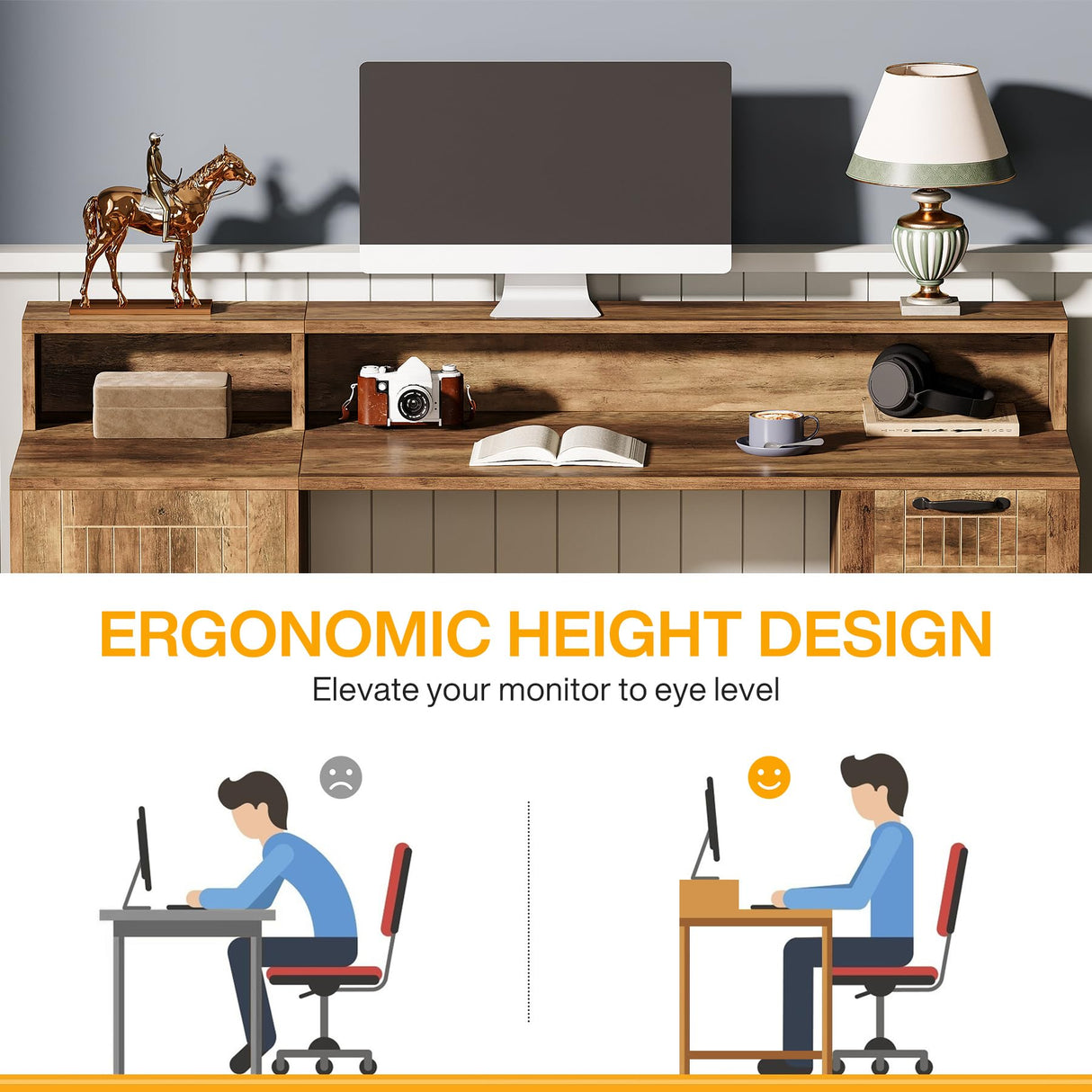 Tribesigns 55" Wood Executive Desk, Farmhouse Computer Desk with Drawers and Cabinet, Rustic Office Desk with Hutch and Storage Shelves, Large Study Writing Table for Home Office, Brown Tribesigns