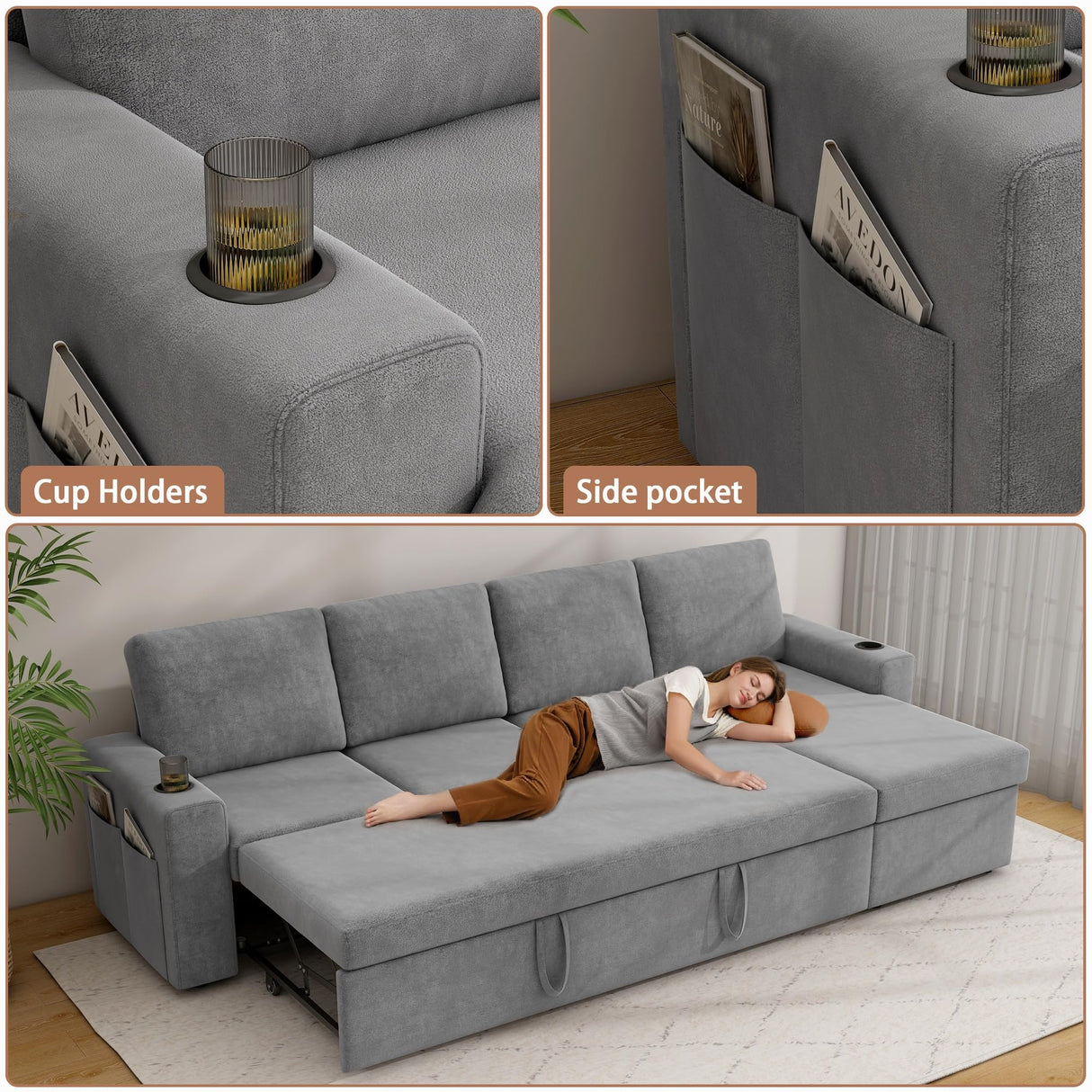 wanan 103" Sleeper Sofa, L-Shaped Sectional Sofa Bed with Storage Chaise, Reversible 2 in 1 Pull Out Couch with Cup Holders and Side Pockets for Living Room, Easy Assembly (Wool Blend, Grey) wanan