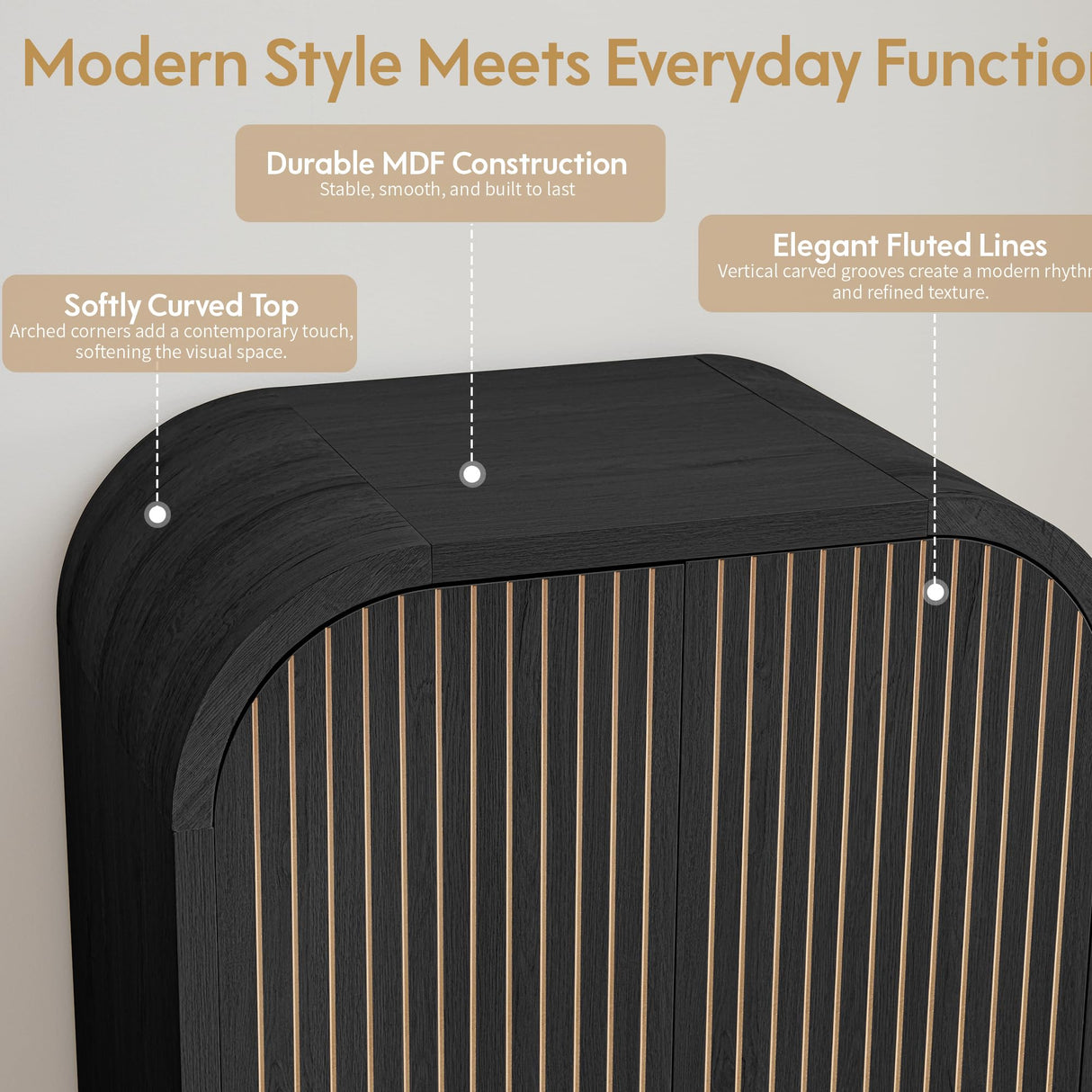 LEVNARY Arched Armoire Wardrobe Closet, Mid-Century Modern 2-Door Freestanding Wardrobe with Hanging Rod and 2 Drawers, Fluted Carved Clothing Storage Cabinet for Bedroom (Black) LEVNARY