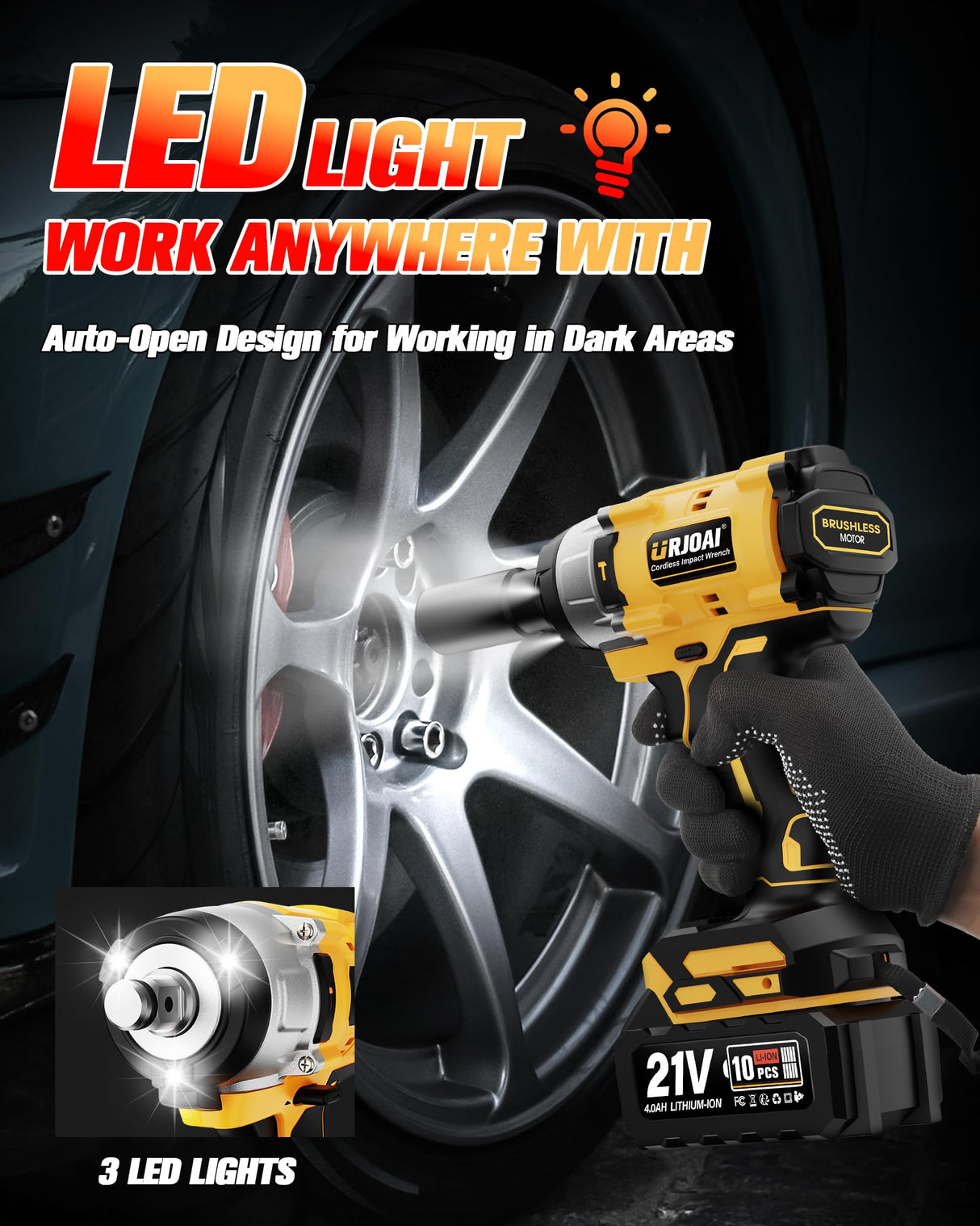 Urjoai Cordless Impact Wrench - 590Ft-lbs (800N.m) Brushless 1/2 inch, 3300RPM High Torque Impact Gun, 2x 4.0Ah Battery, Charger & 7 Sockets, Electric Impact Wrench for Car Home Urjoai