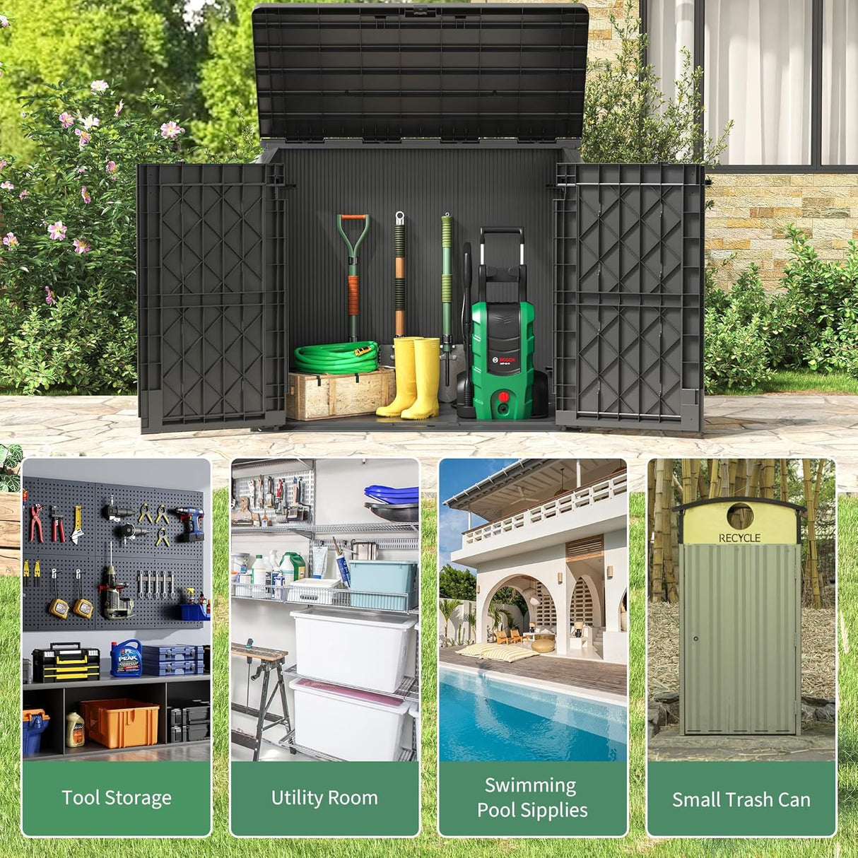 Horizontal Outdoor Storage Shed 36 Cu Ft - Resin Lockable Weatherproof Storage Cabinet/Box for Patio,Garden,Backyard,Outside-Black WTFGO