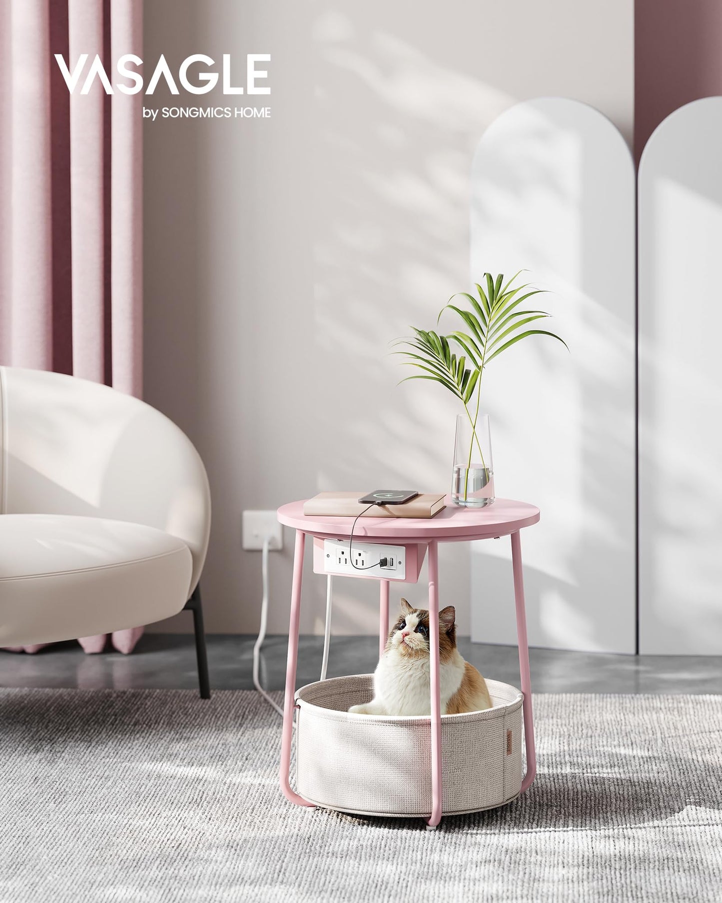 VASAGLE Side Table with Charging Station, Round End Table With Fabric Basket, Nightstand with Power Outlets USB Ports, for Living Room, Bedroom, Modern, Jelly Pink and Cream White ULET228R01