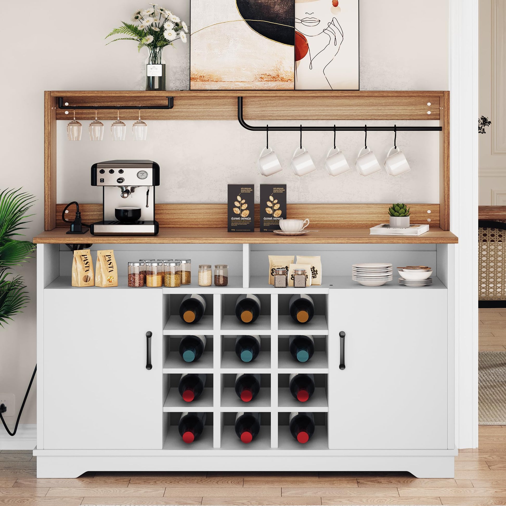 YITAHOME 55" Farmhouse Coffee Bar Cabinet, Wine Buffet Cabinet with Goblet Holder,5 S Hook and 12-Bottle Wine Rack Kitchen Sideboard Buffet Cabinet Storage for Home Dining/Living Room - WoodArtSupply