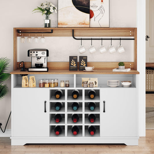 YITAHOME 55" Farmhouse Coffee Bar Cabinet, Wine Buffet Cabinet with Goblet Holder,5 S Hook and 12-Bottle Wine Rack Kitchen Sideboard Buffet Cabinet Storage for Home Dining/Living Room