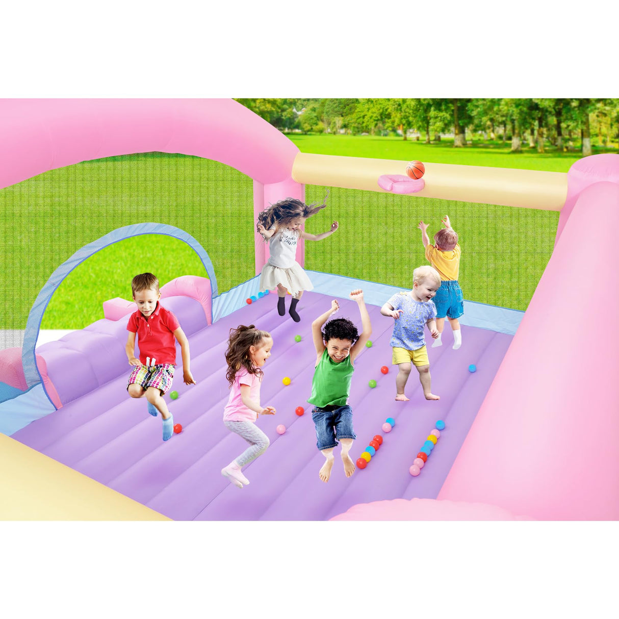 Easyair Large Bounce House Holds 6 Kids, 14.8 x 14.5 FT Inflatable Bouncer Jumper Slide with 650W Blower, Basketball Hoop, Throw Ball Game, Ball Pits (Pink, 177" L x 174" W x 94" H) EASYAIR