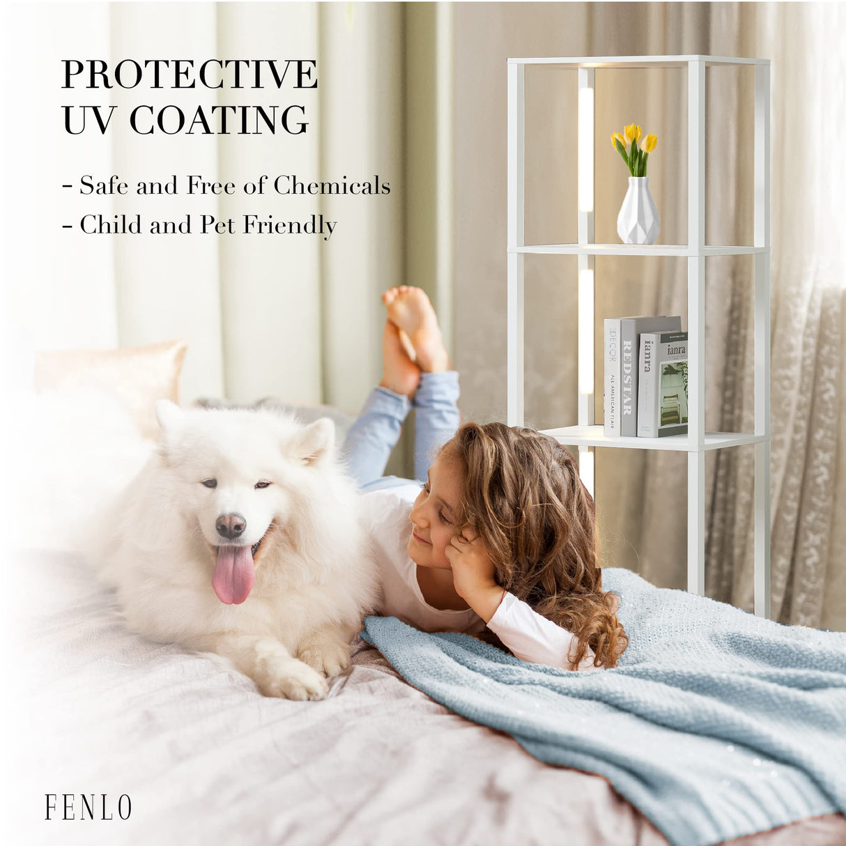 FENLO Fancy - LED Display Shelf with Dimmable Lights, LED Floor Lamps for Living Room, Sturdy Corner Curio Cabinet Display, Tall Floor Lamps with Shelves FENLO