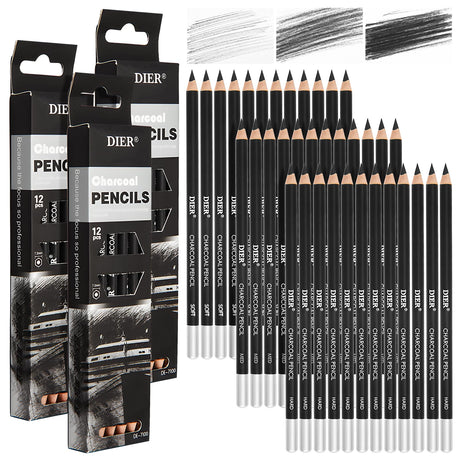 Geyoga 36 Pcs Professional Charcoal Pencils Soft, Medium and Hard for Drawing Charcoal Pencils for Sketching Shading Drawing Blending Portrait(Black,Assorted) Geyoga