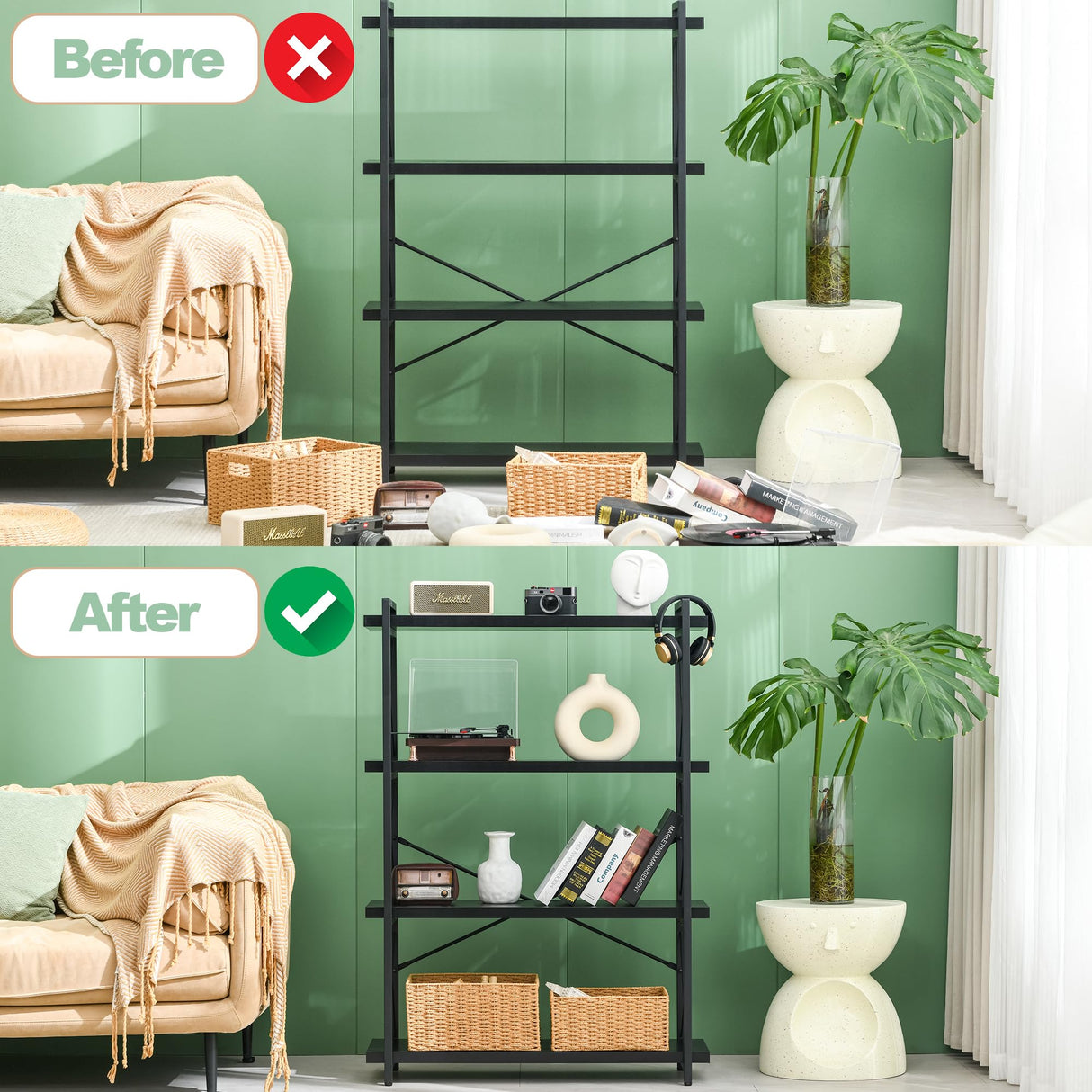 HCHQHS Bookshelf, 4-Tier Industrial Bookcase, Black Open Book Shelf, Freestanding Tall Bookshelves with Metal Frame HCHQHS