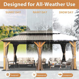 12'x20' Hardtop Gazebo, Outdoor Cedar Wood Frame Canopy with Galvanized Steel Double Roof, Outdoor Permanent Metal Pavilion with Curtains and Netting EDWINENE