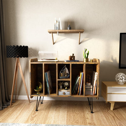 Arbuxzuy Large Vinyl Record Storage Stand, Brown Wooden Shelf with Metal Legs, Sturdy and Durable, Easy Assembly, Holds Albums and Turntable