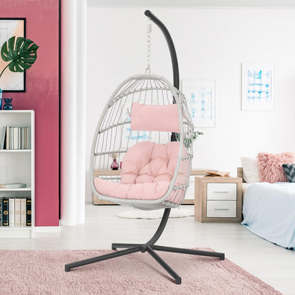 Hanging Egg Chair with Stand - Pink Swing Egg Chairs Wicker Rattan Hammock Chairs for Indoor Outdoor Bedroom Garden - Aluminum Steel Frame and UV Resistant Cushion 350LBS Capacity for Kids Ad - WoodArtSupply