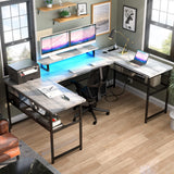 Unikito Reversible U Shaped Computer Desk with Power Outlet, LED Lights, and Monitor Stand – Modern 130 Inch Dual Purpose Office and Gaming Table in White Oak Unikito