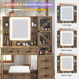 AOGLLATI Farmhouse Vanity Desk with Mirror and Lights, Makeup Vanity Set with Lights & Jewelry Cabinet & 5 Drawers, Vanity Table with Charging Station, Hidden Storage Space for Bedroom, Brown AOGLLATI