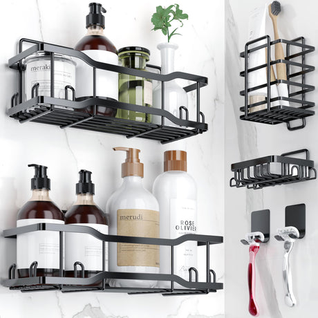Shower Caddy Bathroom Shelves, The Athena Silken 4 Set, 40LB Capacity, Adhesive Tape No Drill - Rustproof -Gorgeous Powder Coated 304 Stainless Steel Shower Organizer for kitchen & Home Decor - Black Tribal Cooking