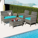 Tangkula 8 Pieces Patio Rattan Conversation Set, Outdoor Wicker Furniture Set with Cushioned Chair, Loveseat & Tempered Glass Table, Outside Sectional Sofa Set for Backyard (G-Turquoise,2) Tangkula