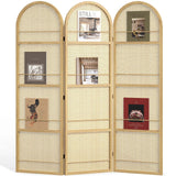 Rattan Room Divider with Built-in Bookshelf | Foldable Privacy Screen & Portable Partition for Home Office, Bedroom, Reading Nook | Wooden Frame, Freestanding Design (Natural-Rattan) Svimi