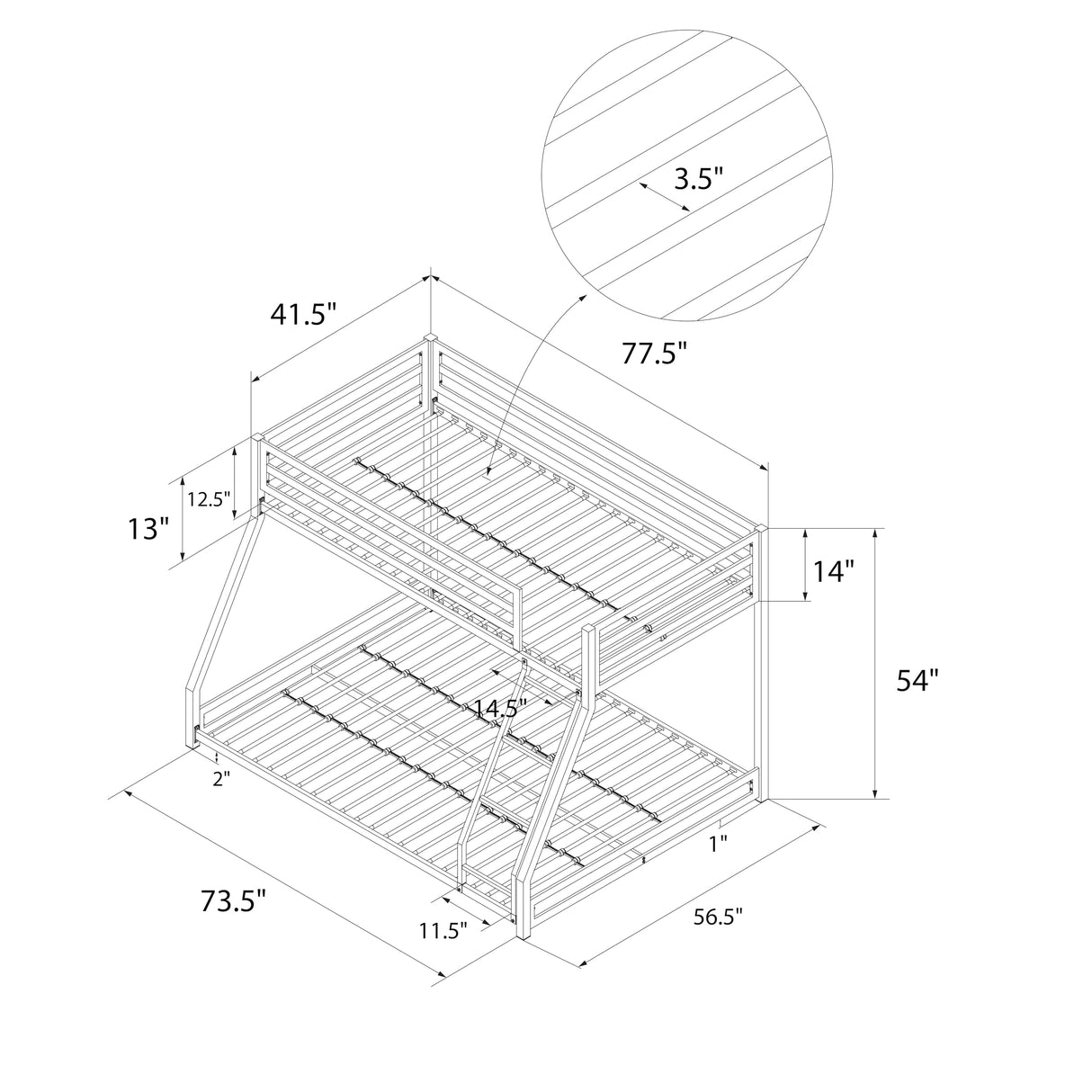 DHP Miles Low Metal Bunk Bed Frame for Kids, With Built-in Ladder, High Guardrail and Metal Slats, Floor Bed Bottom Bunk, No Boxspring Required, For Small Spaces, Twin-Over-Full, Black DHP
