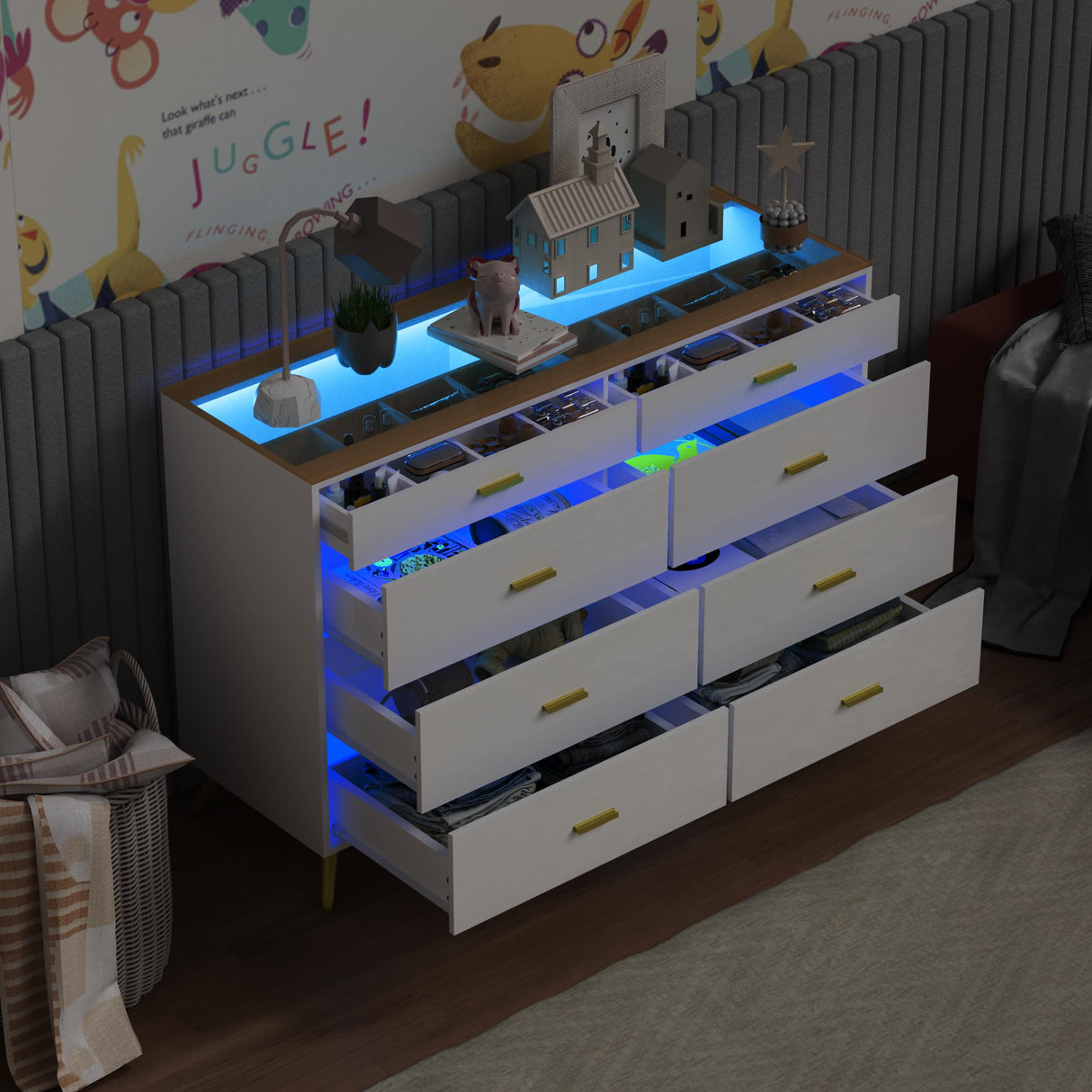 SDMY White Dresser for Bedroom,8 Drawer Dresser,Wide Chest of Drawers with LED Lights,Visual Desktop,Grid Drawer Storage Compartments,Modern Large Capacity Storage Cabinet for Living Room,Entryway SDMY