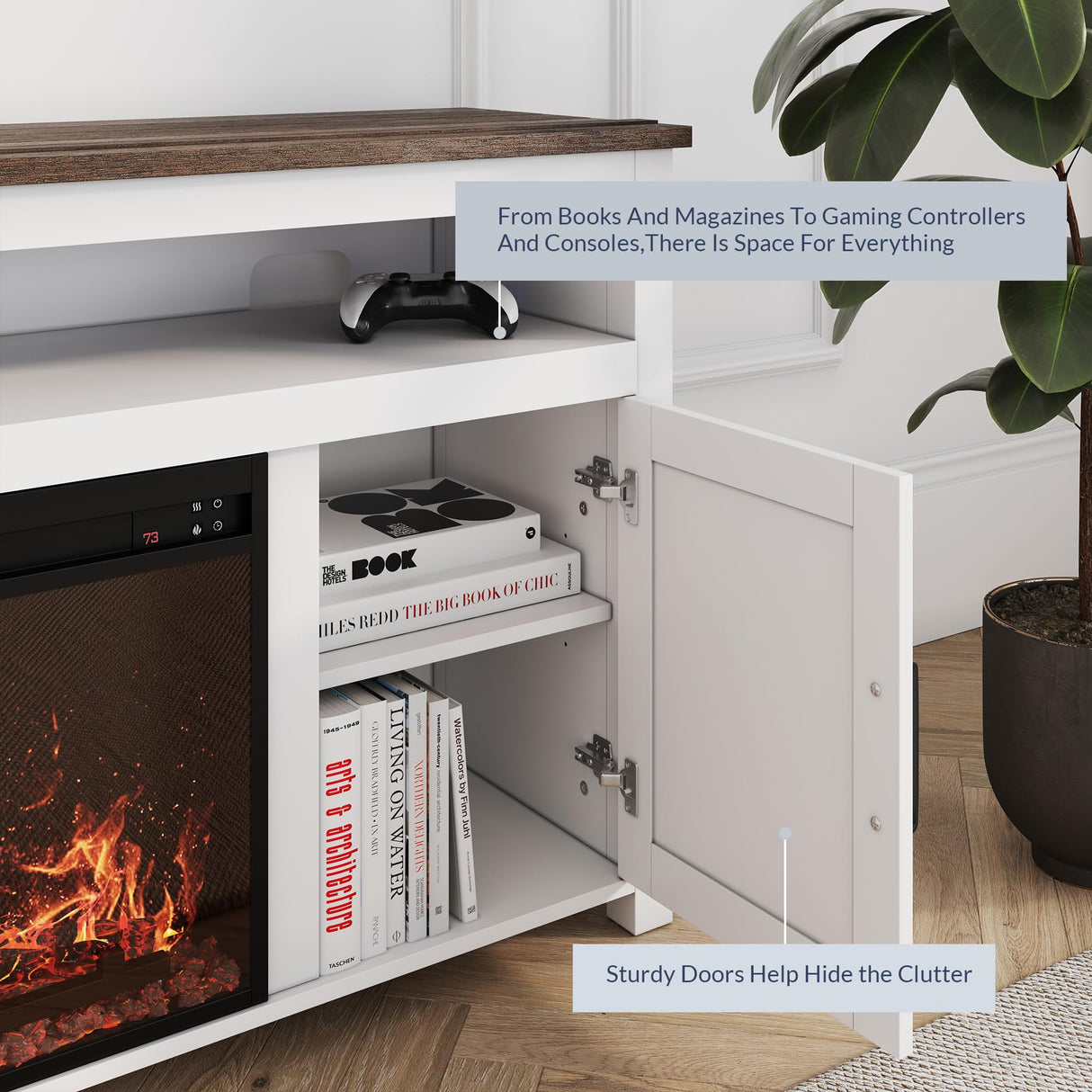 BELLEZE 58" Farmhouse Fireplace TV Stand for TVs up to 65", 23" Electric Fireplace Heater with Sound, Entertainment Center Media Console Table Barn Door Storage Cabinets for Living Room - White BELLEZE