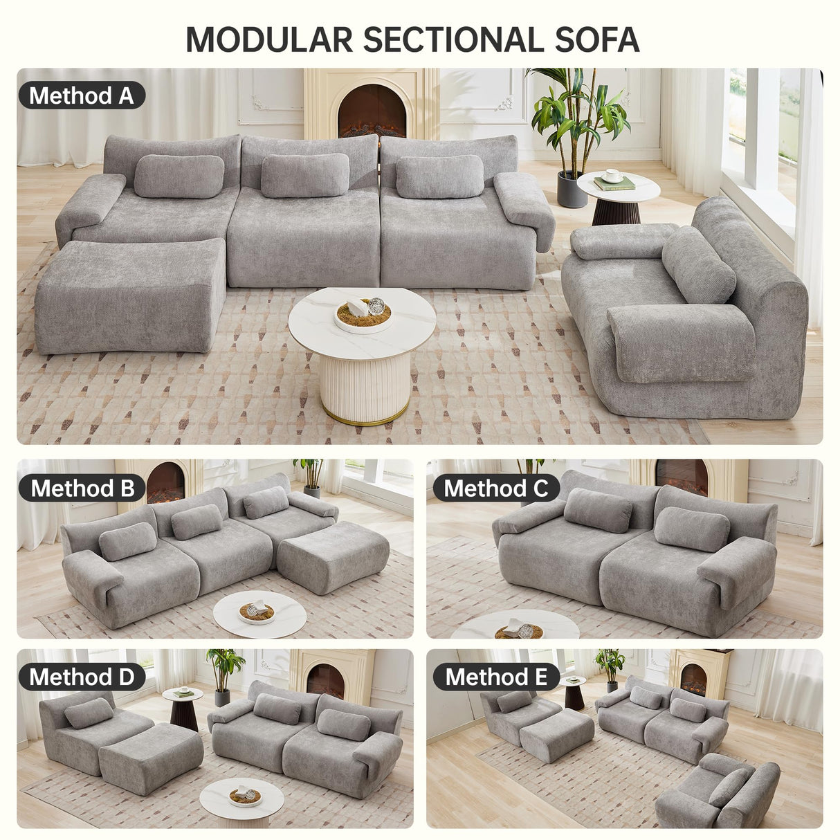 MAXMXX 117”L Shaped Modern Sofa Modular Sectional Cloud Couch with Ottoman,Oversized Boneless Sofa,3+1 Seater Chenille Deep-Seat Sofa with 3 Pillows,Suitable for Living Room or Bedroom (Grey) MAXMXX