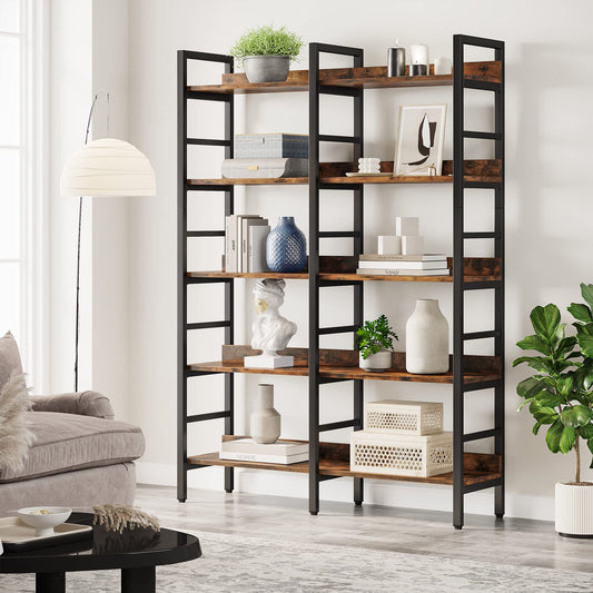 Tribesigns Rustic Brown 5-Tier Industrial Bookshelf - 71”H Double Wide Bookcase for Stylish Storage and Display - WoodArtSupply