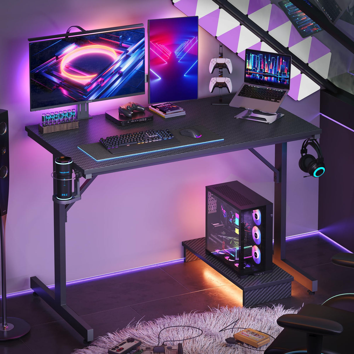 Bestier Small Gaming Desk with Monitor Stand, 42 inch LED Computer Desk, Gamer Desk with Cup Holder & Headset Hooks, Modern Simple Style Desk for Home Office PS5 Small Spaces, Carbon Fiber Black Bestier
