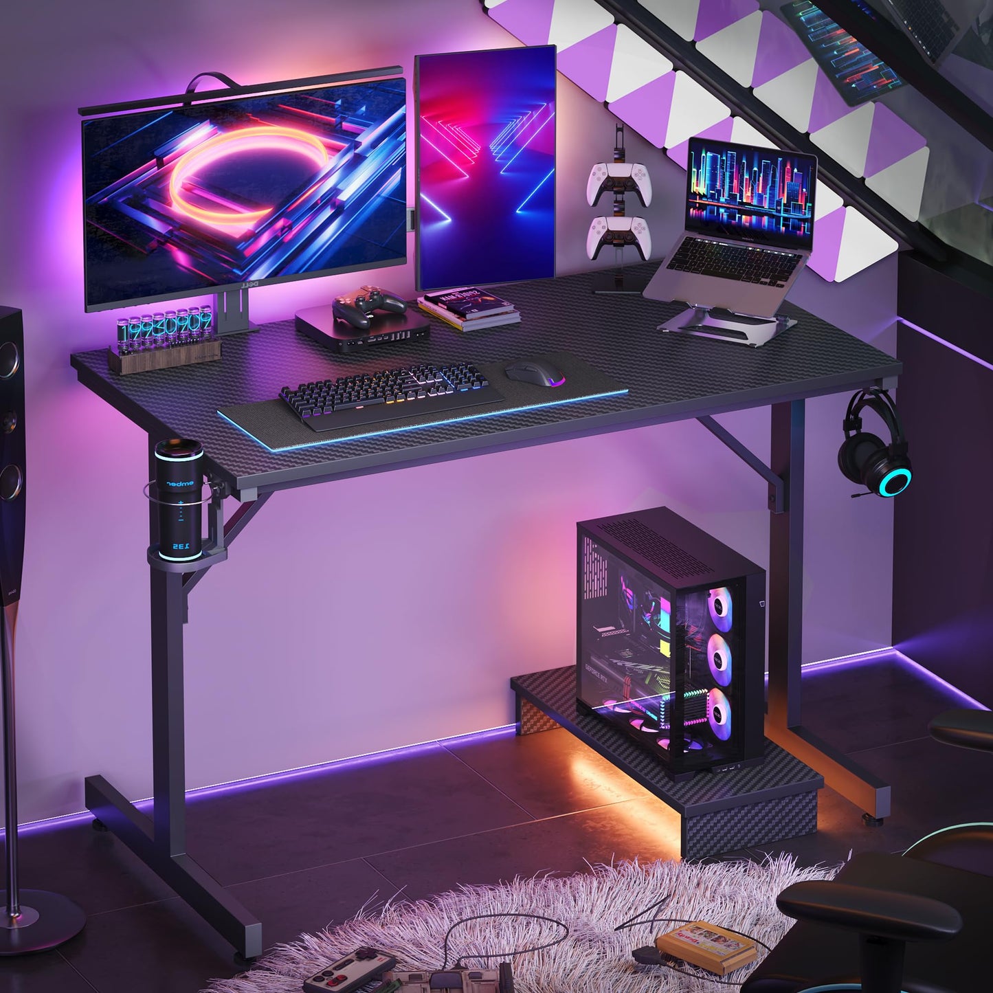 Bestier Small Gaming Desk with Monitor Stand, 42 inch LED Computer Desk, Gamer Desk with Cup Holder & Headset Hooks, Modern Simple Style Desk for Home Office PS5 Small Spaces, Carbon Fiber Bl - WoodArtSupply