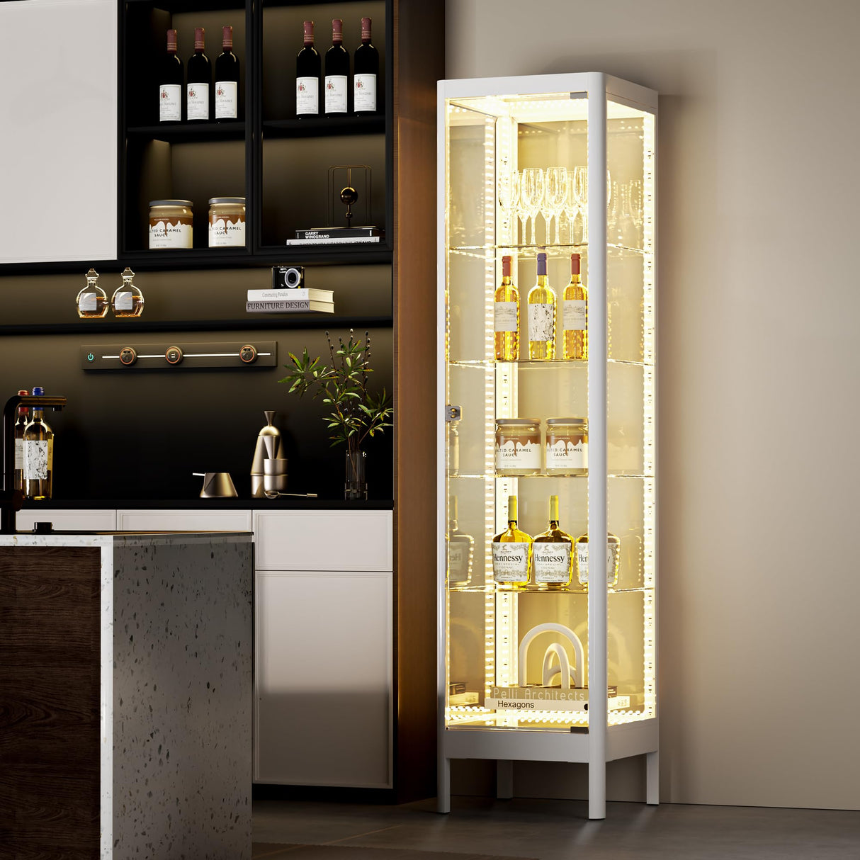 Desirable Life 5-Tier Glass Display Cabinet with 13 Color LED Lights & Lock, 63" Curio Cabinet with Glass Doors & Adjustable Shelves, Lighted Display Case for Collectibles Figures Trophy - White Desirable Life