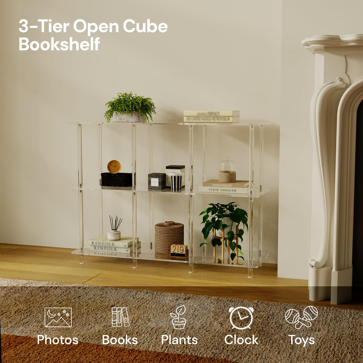 CRTERICX Acrylic Horizontal Bookshelf, 11.6" D x 35.4" W x 26.5" H, 3-Tier Clear 6 Cube Organizer Bookcase, Open Low Book Shelf for Home Office, Living Room, Bedroom, Modern, Easy Assembly CRTERICX