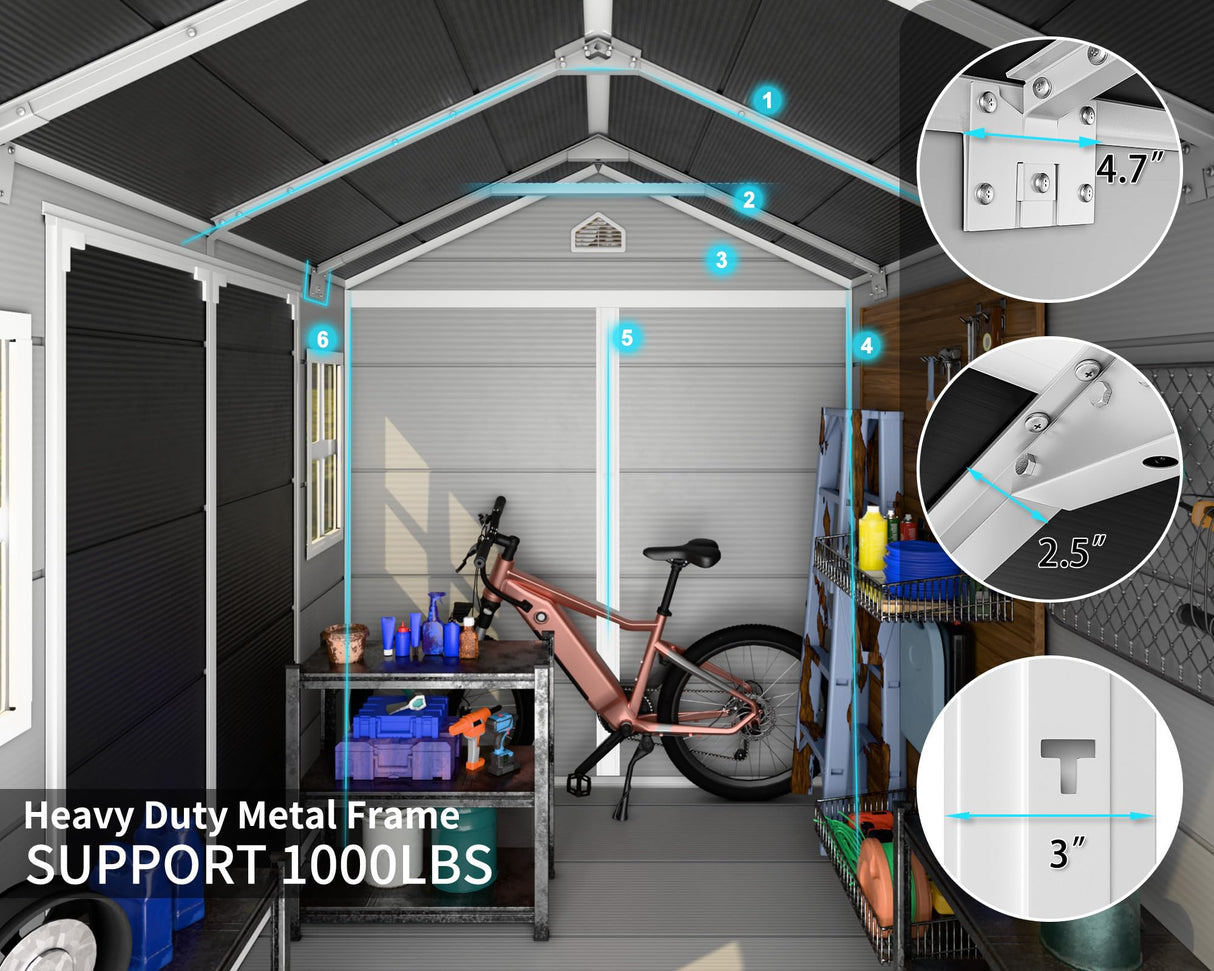 CDCASA 8x6 FT Resin Storage Shed, Waterproof Large Outdoor Shed with Floor & Lockable Door & 2 Windows, Vent, Plastic Tool Shed for Outside, Backyard, Patio, Poolside, Bike, Dove Grey CDCASA