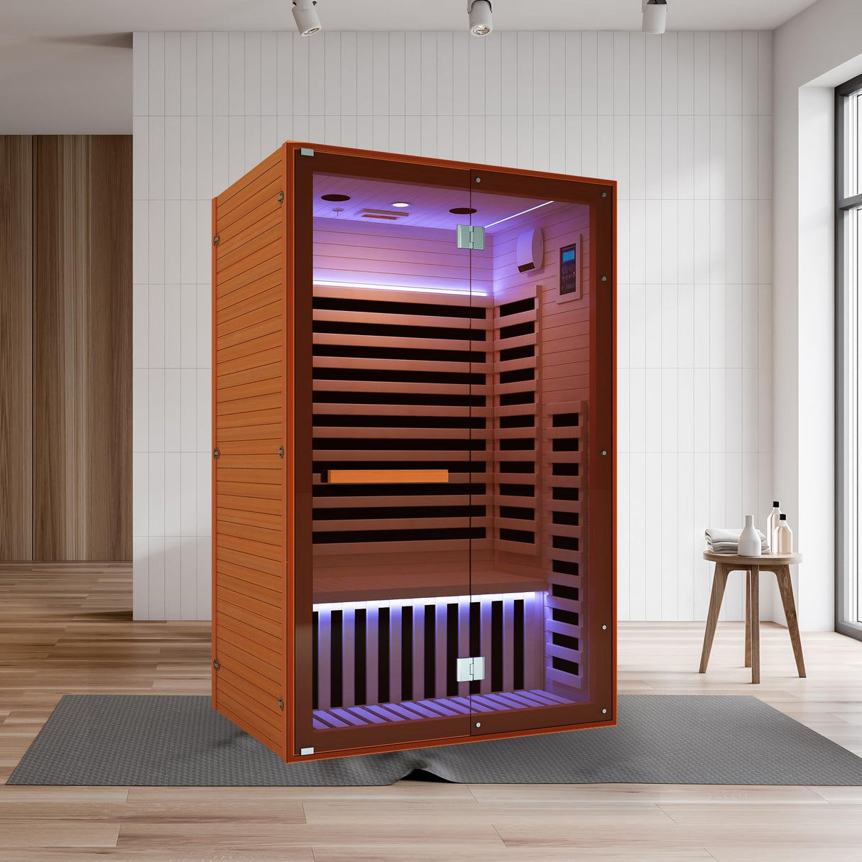 Efficraft Infrared Home Sauna Room 2 Person Hemlock Wooden Indoor Dry Sauna with Bluetooth Speakers & Red Light 1950W LCD Control Panel Temp and Time Pre-Set,1-Year Aftersale Efficraft