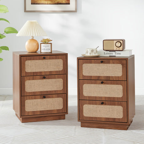 AVZEAR Mid Century Night Stand Set of 2, Modern Nightstand with 3 Drawers and Nature Linen Panel, Wood Bedside Table Rustic End Table for Small Space, Dorm, Bedroom(Walnut) AVZEAR