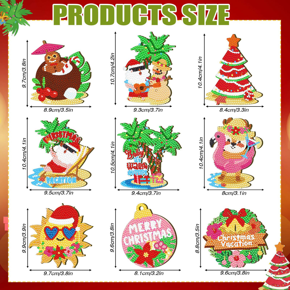 9 Pcs Christmas in July DIY Diamond Art Painting Kit Summer Beach Santa Tree Tabletop Diamond Art Painting Craft Ornament for Tropical Christmas Luau Party Decorations Briwooody