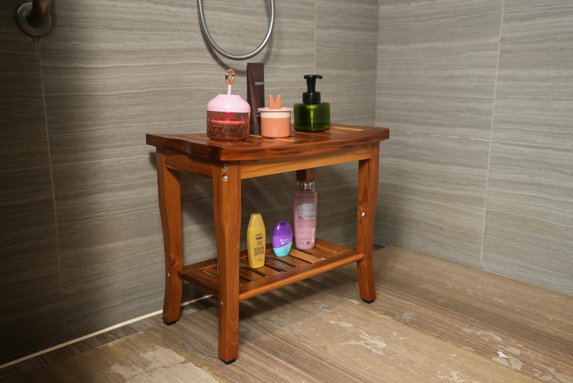 VaeFae Teak Shower Bench, Spa Bath Shower Stool with Storage Shelf, Wooden Seat Stool for Bathroom - WoodArtSupply